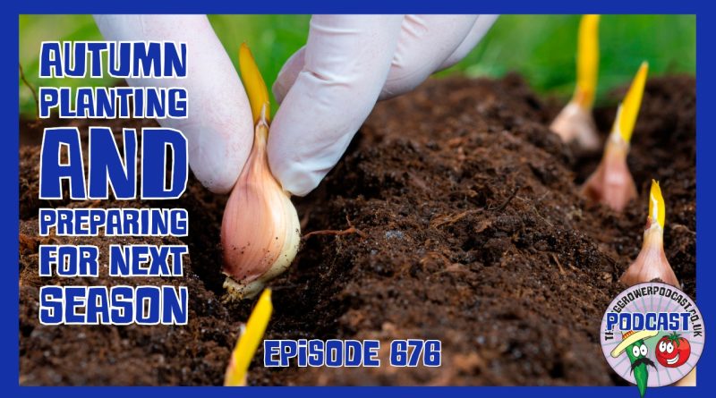 Episode 676 covers autumn garlic planting, 6 a.m. seed sowing, greenhouse cleaning, rainwater storage and an apple and courgette loaf.